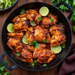 Chili lime chicken thighs, caramelized and lightly charred, arranged with lime and cilantro in a skillet.