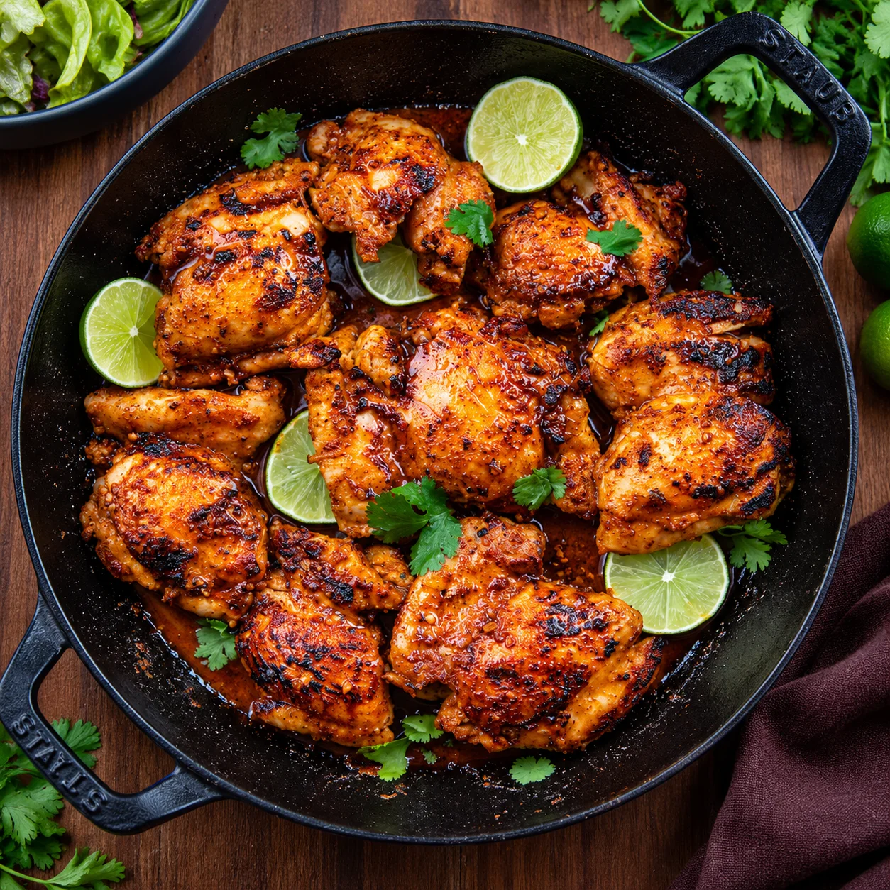 Chili lime chicken thighs, caramelized and lightly charred, arranged with lime and cilantro in a skillet.