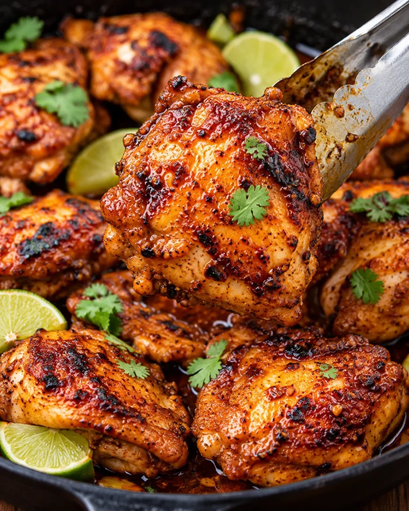 Close-up of a juicy chili lime chicken thigh lifted with tongs, showing its glossy caramelized glaze and charred texture.