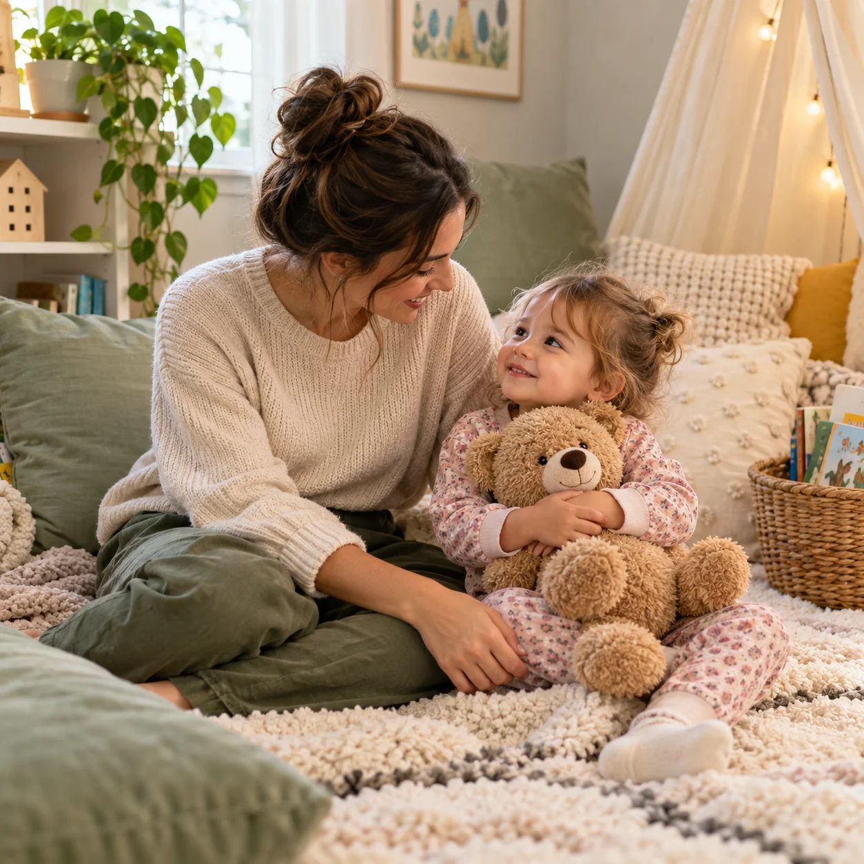 A mother and toddler enjoy playful calming activities together, including blowing bubbles, cuddling a teddy bear, belly breathing, playing with play dough, and gentle stretching.