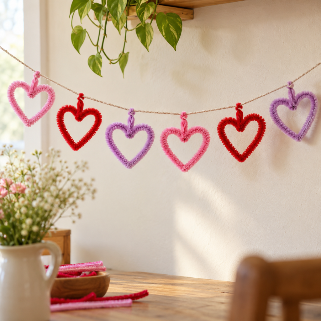 Colorful pipe cleaner crafts for kids, including handmade flowers, butterflies, friendship bracelets, caterpillars, pencil toppers, fish, and a heart garland.