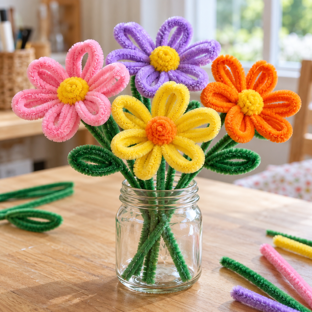 Colorful pipe cleaner crafts for kids, including handmade flowers, butterflies, friendship bracelets, caterpillars, pencil toppers, fish, and a heart garland.