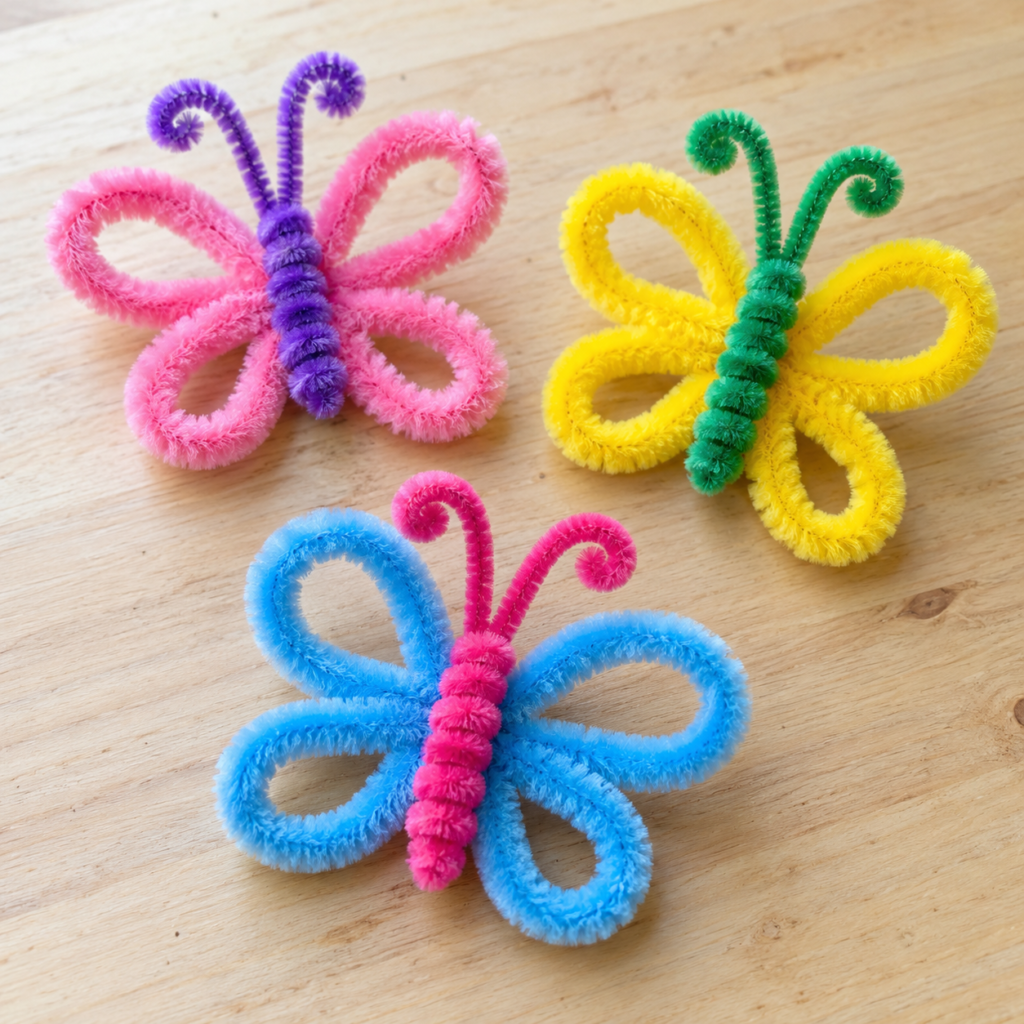 Colorful pipe cleaner crafts for kids, including handmade flowers, butterflies, friendship bracelets, caterpillars, pencil toppers, fish, and a heart garland.