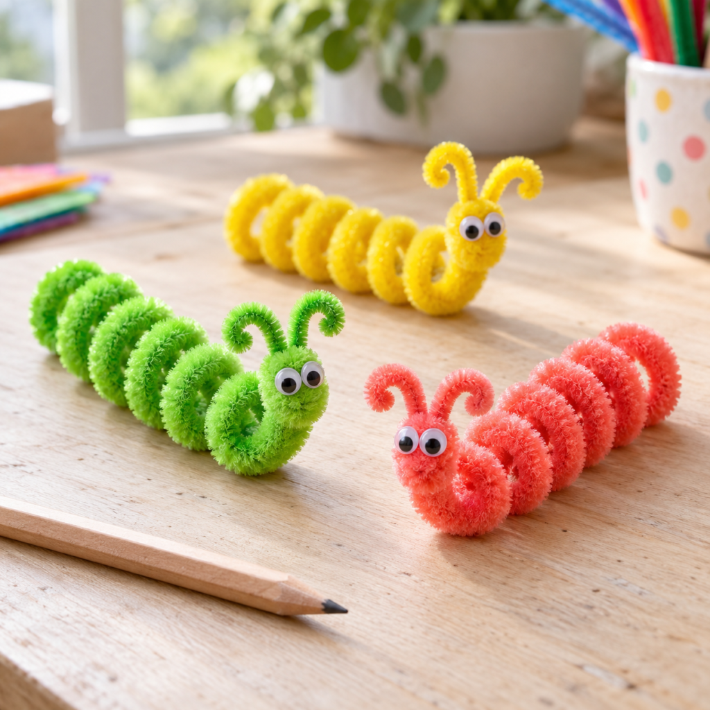 Colorful pipe cleaner crafts for kids, including handmade flowers, butterflies, friendship bracelets, caterpillars, pencil toppers, fish, and a heart garland.