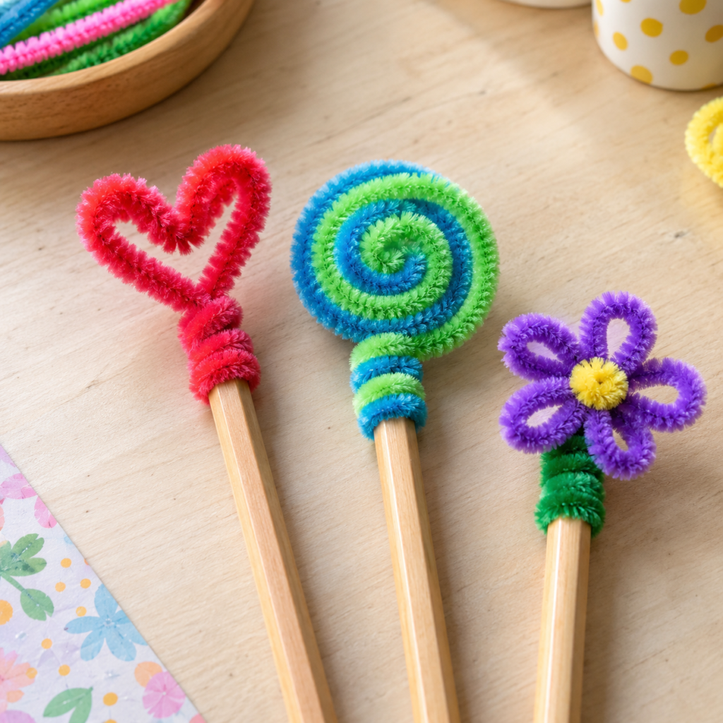 Colorful pipe cleaner crafts for kids, including handmade flowers, butterflies, friendship bracelets, caterpillars, pencil toppers, fish, and a heart garland.
