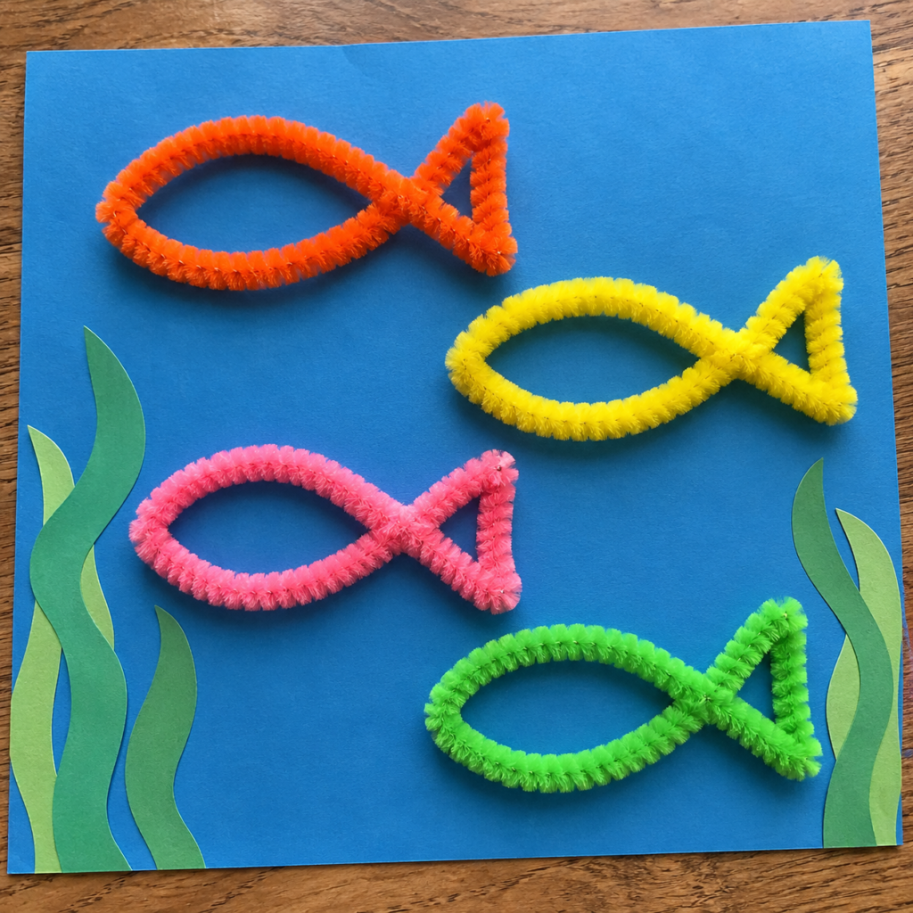 Colorful pipe cleaner crafts for kids, including handmade flowers, butterflies, friendship bracelets, caterpillars, pencil toppers, fish, and a heart garland.