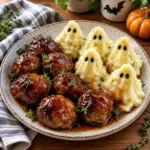 Apple cider glazed pork meatballs with garlic mashed potato ghosts on a fully visible speckled ceramic plate, shown on a bright white marble-style food photography setting with glossy sauce and textured potato ghosts.