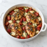 Baked balsamic chicken with tomatoes, melted mozzarella, and basil in a white ceramic dish on white marble.
