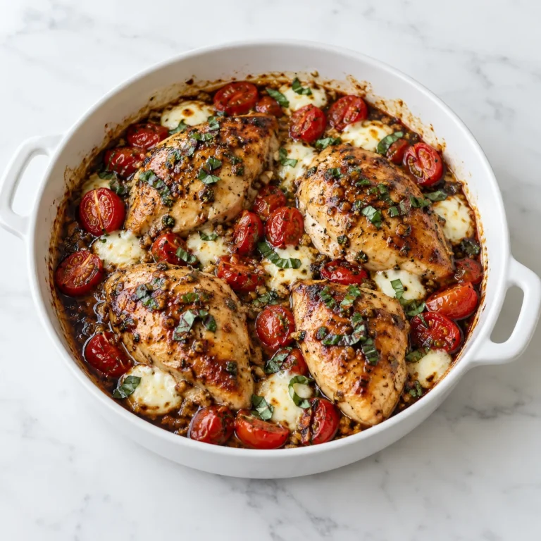 Baked balsamic chicken with tomatoes, melted mozzarella, and basil in a white ceramic dish on white marble.