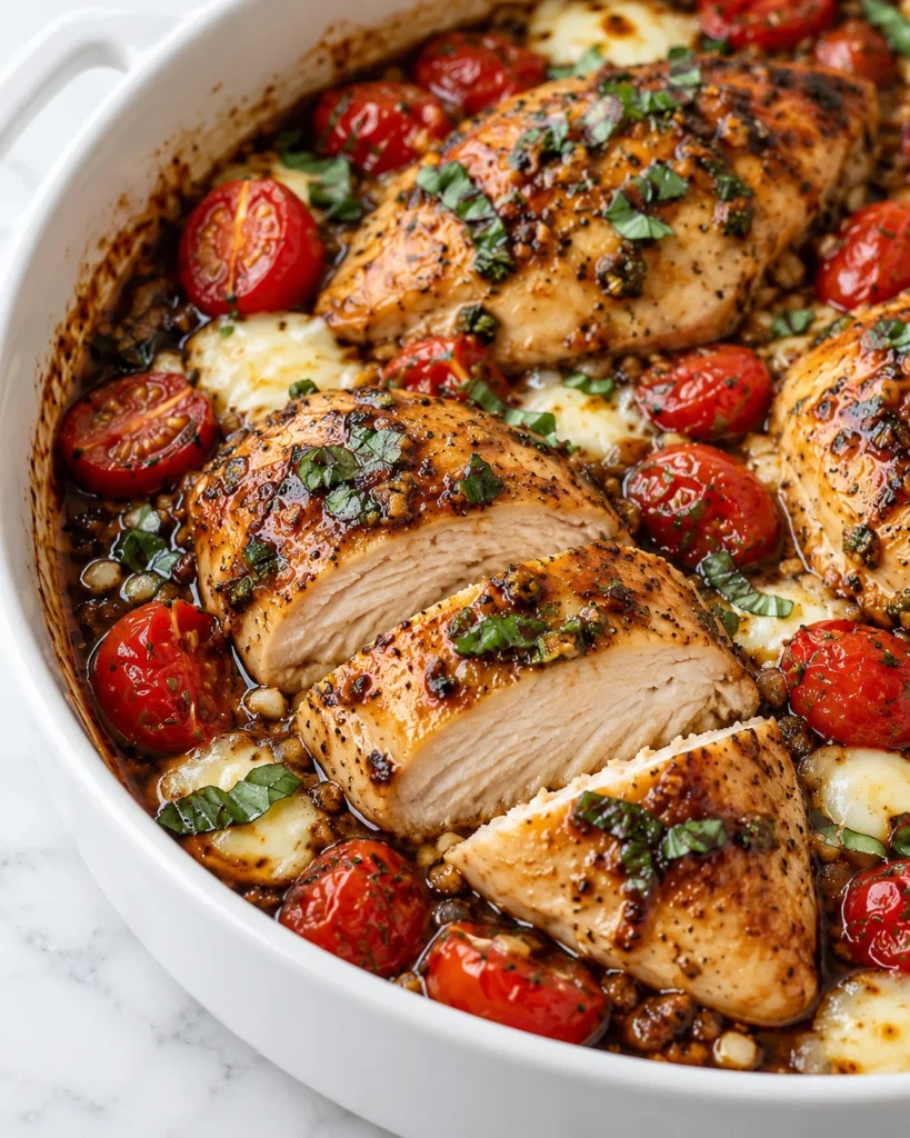 Close-up of sliced balsamic chicken showing its tender interior, surrounded by tomatoes and melted mozzarella in a white ceramic dish on white marble.