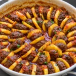 Baked meatball and potato spiral in a shallow cream pan, with browned meat, golden potato wedges, glossy tomato sauce, and herbs on a white marble-style setting.