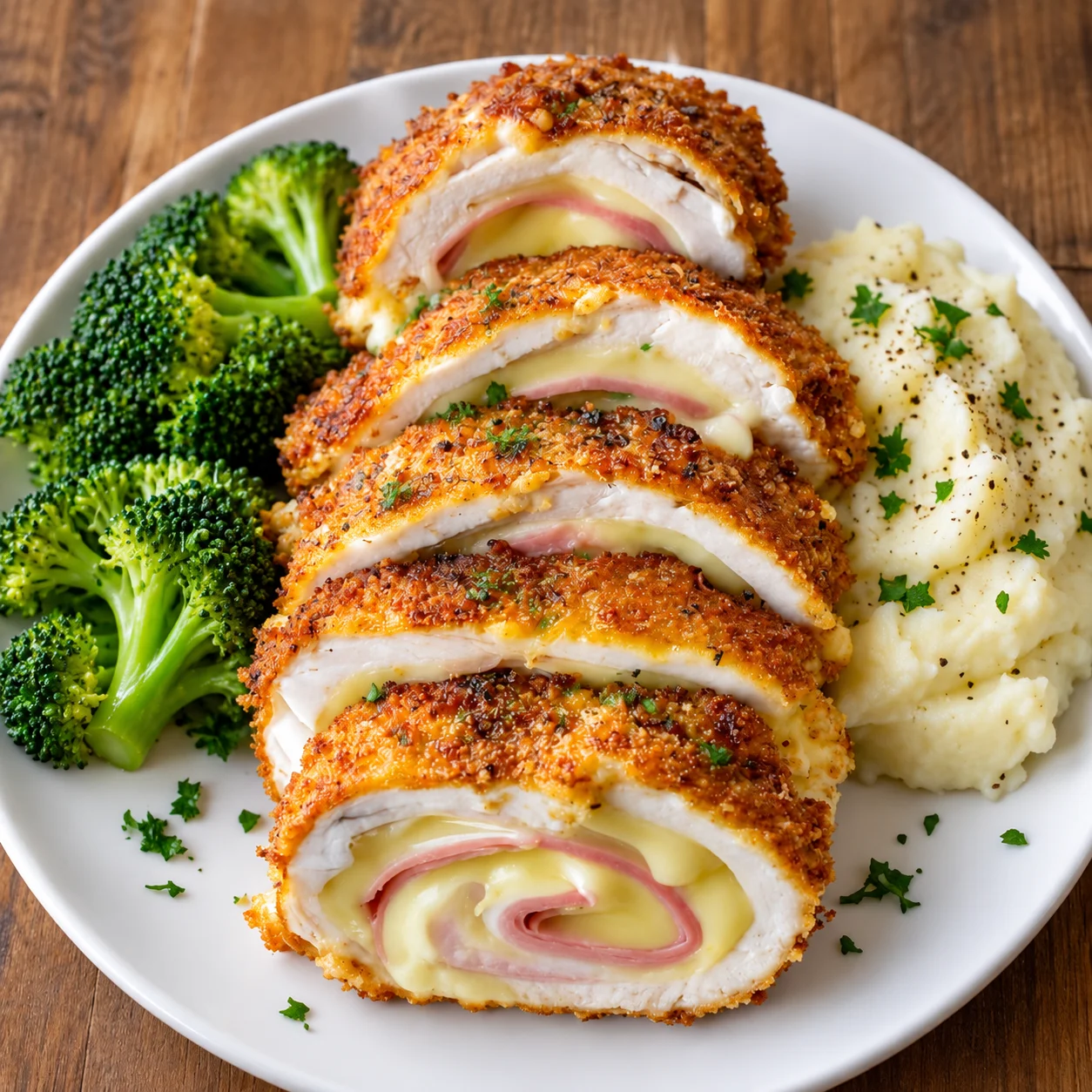 Sliced gluten-free chicken cordon bleu with a crispy golden coating, visible ham and melted cheese filling, served on a white ceramic plate.