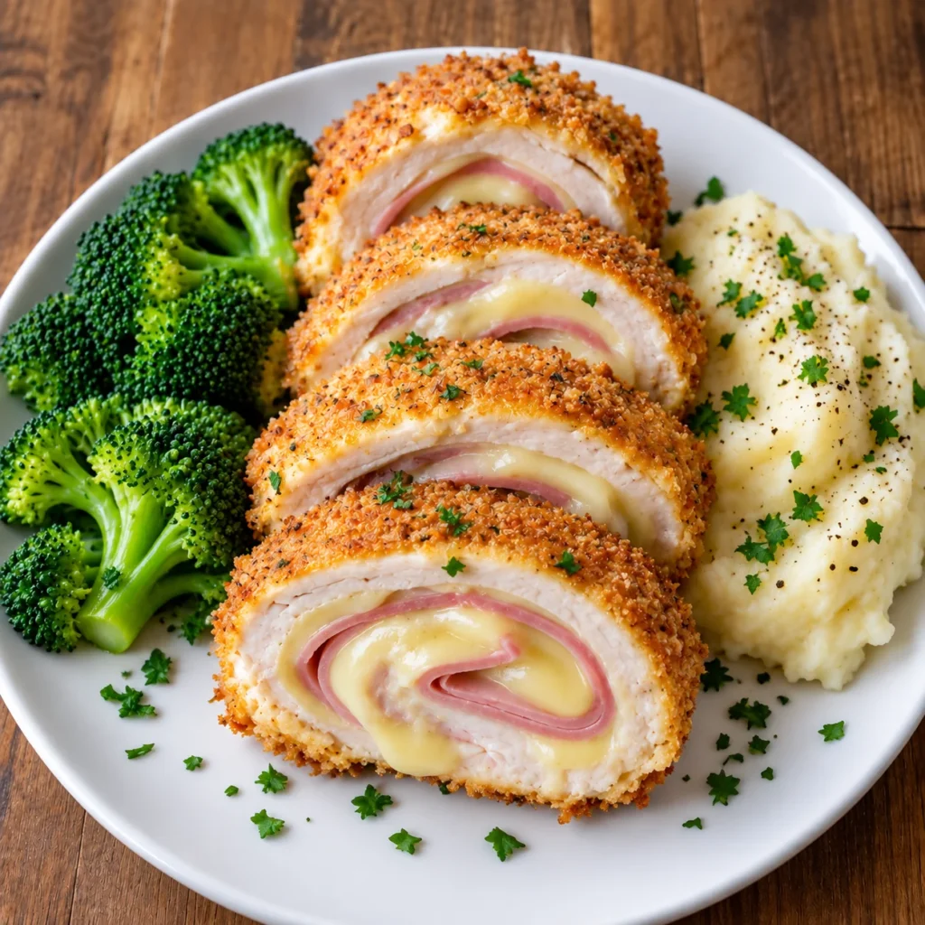Chicken cordon bleu slices with crispy golden coating, melted cheese and ham filling, served on a white ceramic plate with broccoli and mashed potatoes.