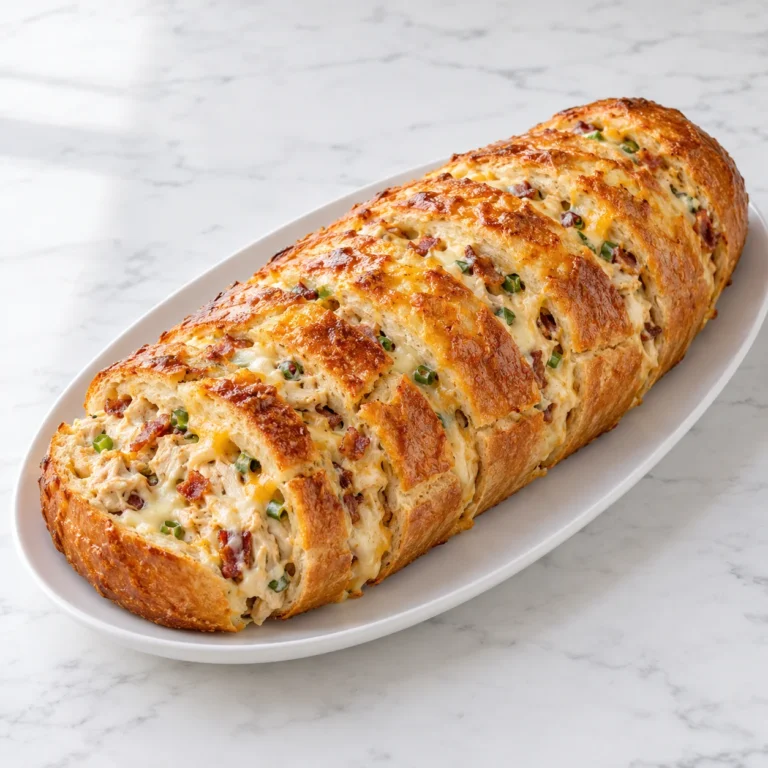 Chicken bacon ranch stuffed bread sliced on a white oval platter, with golden crust and creamy cheese filling, on white marble.