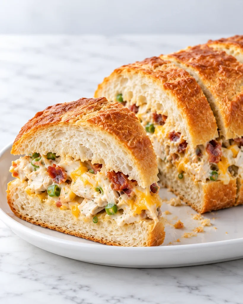 Close-up of a separated stuffed bread slice revealing chicken, bacon, green onions, and melted cheese on a white platter over white marble.