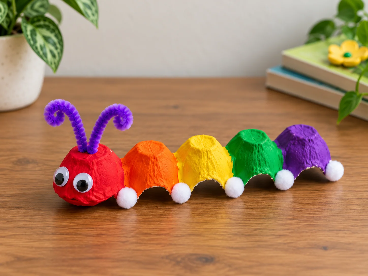 Colorful DIY egg carton caterpillar craft for kids with rainbow painted bodies, googly eyes, pipe cleaner antennae, and pom pom feet, an easy recycled craft activity.