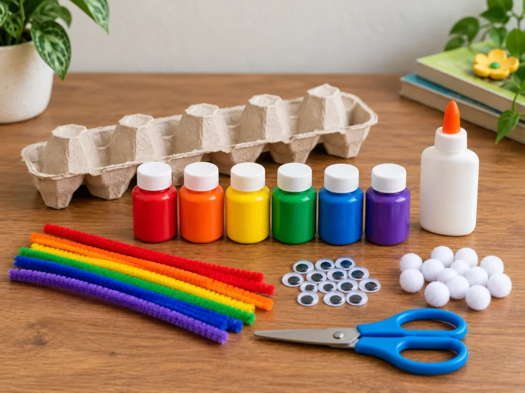 Colorful DIY egg carton caterpillar craft for kids with rainbow painted bodies, googly eyes, pipe cleaner antennae, and pom pom feet, an easy recycled craft activity.