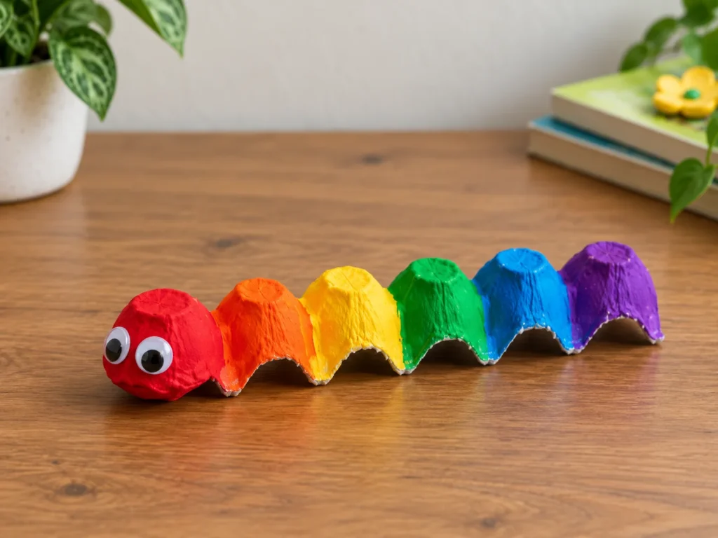 Colorful DIY egg carton caterpillar craft for kids with rainbow painted bodies, googly eyes, pipe cleaner antennae, and pom pom feet, an easy recycled craft activity.