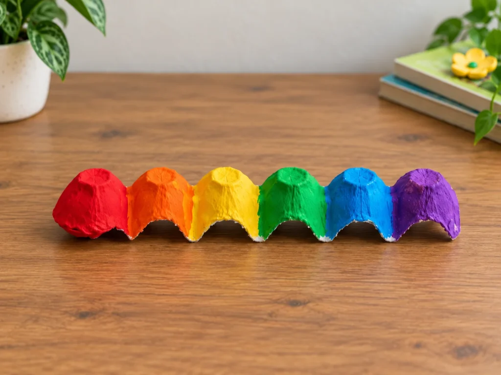 Colorful DIY egg carton caterpillar craft for kids with rainbow painted bodies, googly eyes, pipe cleaner antennae, and pom pom feet, an easy recycled craft activity.