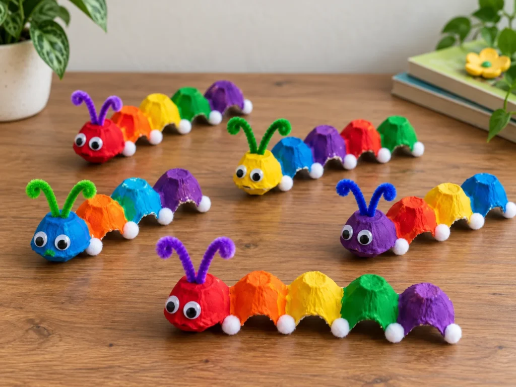 Colorful DIY egg carton caterpillar craft for kids with rainbow painted bodies, googly eyes, pipe cleaner antennae, and pom pom feet, an easy recycled craft activity.