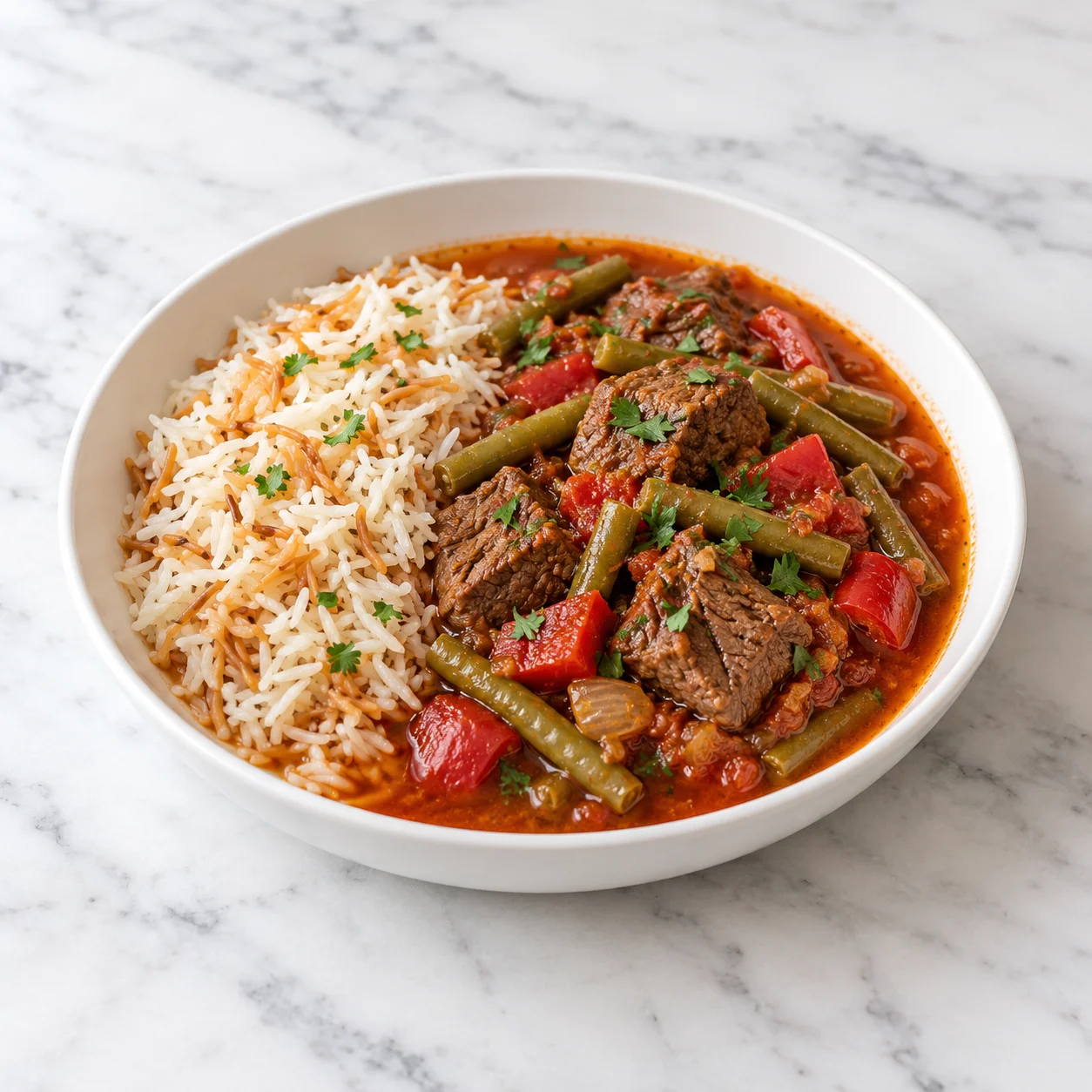 Lebanese beef stew with green beans and red pepper beside fluffy vermicelli rice in a white ceramic bowl on white marble