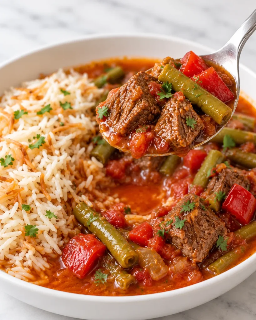 Spoon lifting tender beef, green beans, and red pepper in tomato sauce above a white bowl of Lebanese stew and vermicelli rice on white marble.