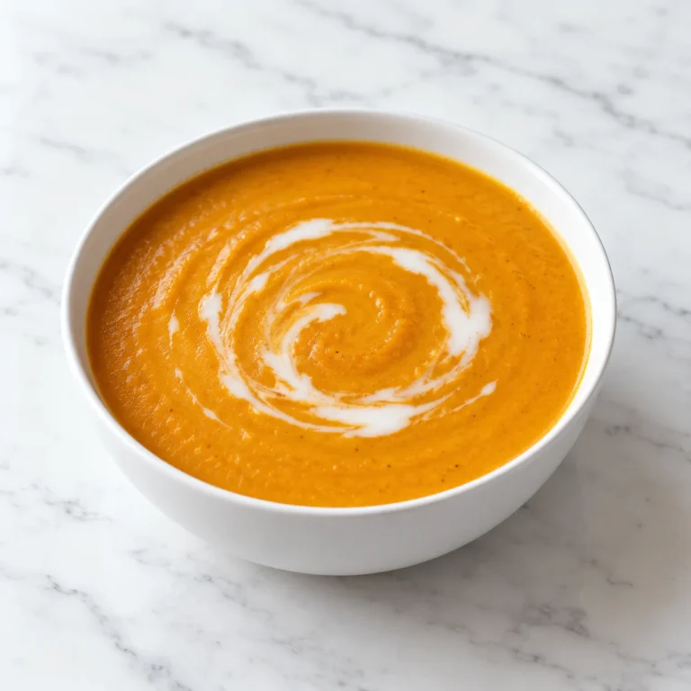 Creamy butternut squash and sweet potato soup with a coconut milk swirl in a white ceramic bowl on white marble.