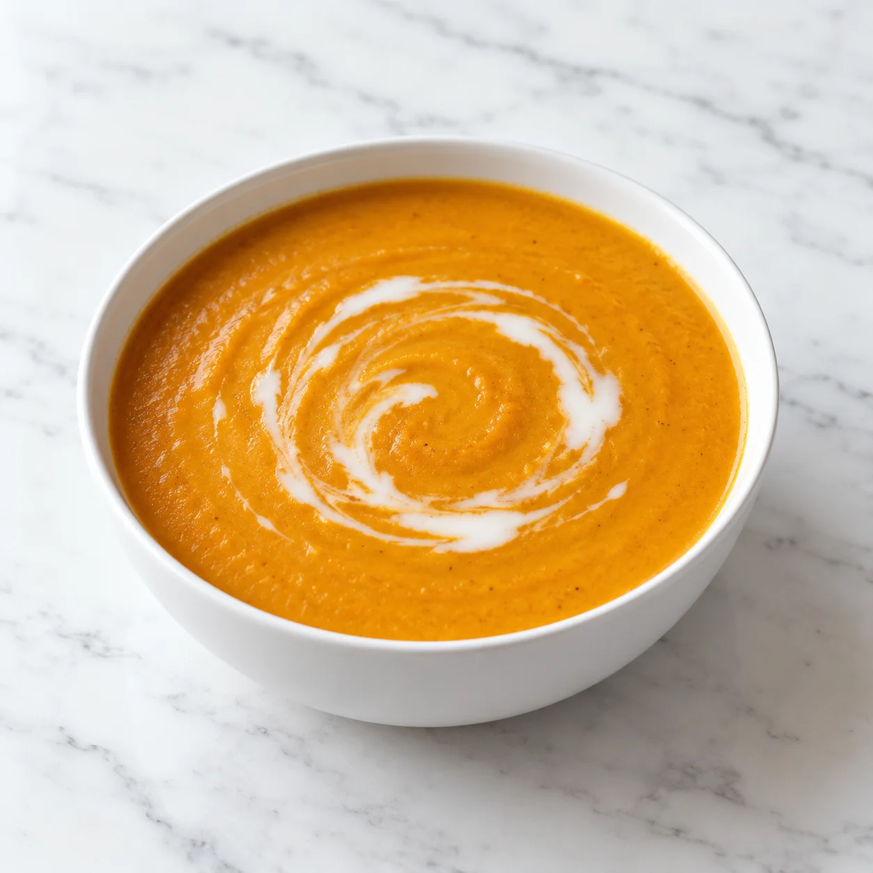 Creamy butternut squash and sweet potato soup with a coconut milk swirl in a white ceramic bowl on white marble.