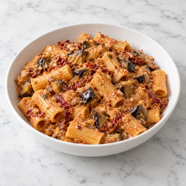 Rigatoni with eggplant and sun dried tomatoes in creamy ricotta sauce, served in a white ceramic bowl on white marble.