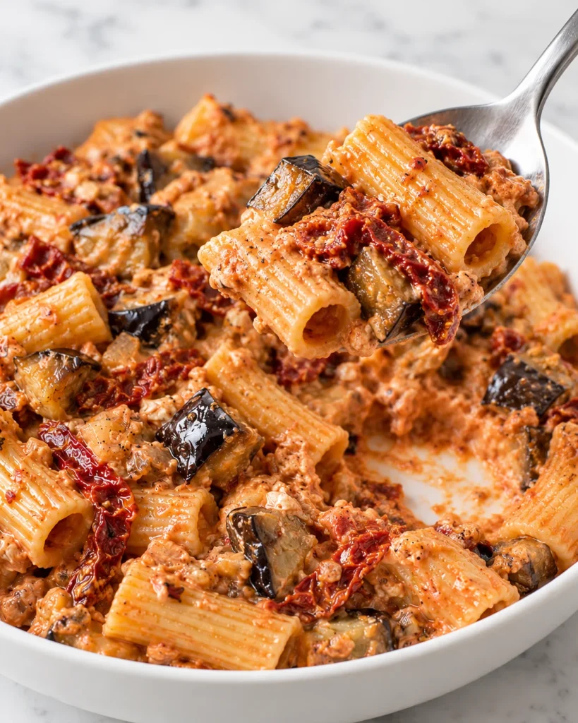 A spoon lifts creamy rigatoni, eggplant, and sun dried tomatoes above a white ceramic bowl, revealing a serving gap below, on white marble.