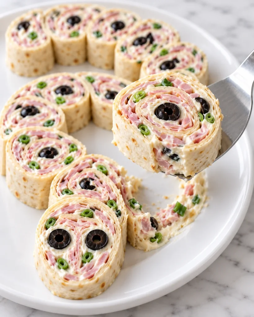 Close up of a ham pinwheel snake arranged on a white ceramic platter, with olive eyes and one pinwheel lifted on a serving spatula.