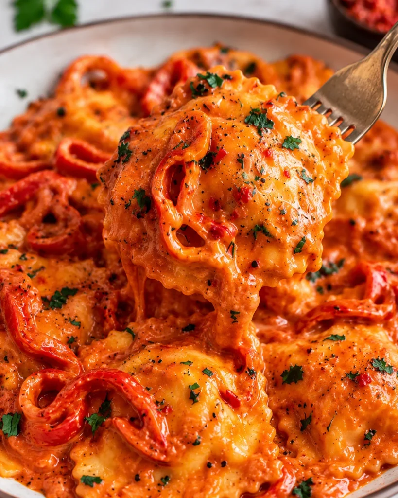 Creamy harissa ravioli on a modern cream ceramic plate, fully visible on a bright white marble surface, with glossy orange sauce, roasted pepper curls, herbs, and black pepper.