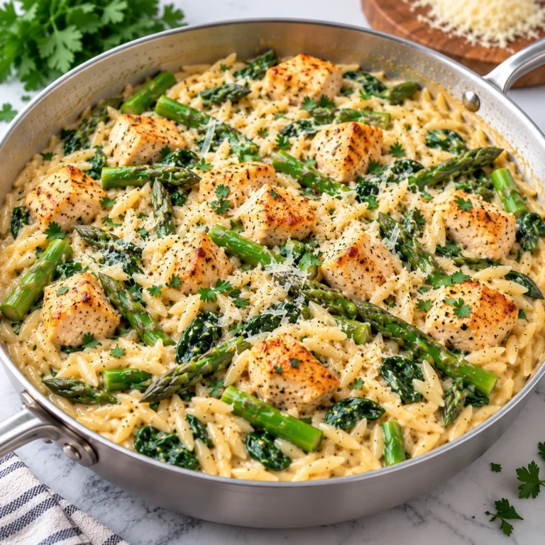 Creamy chicken orzo with golden chicken, asparagus, spinach, and Parmesan in a skillet.