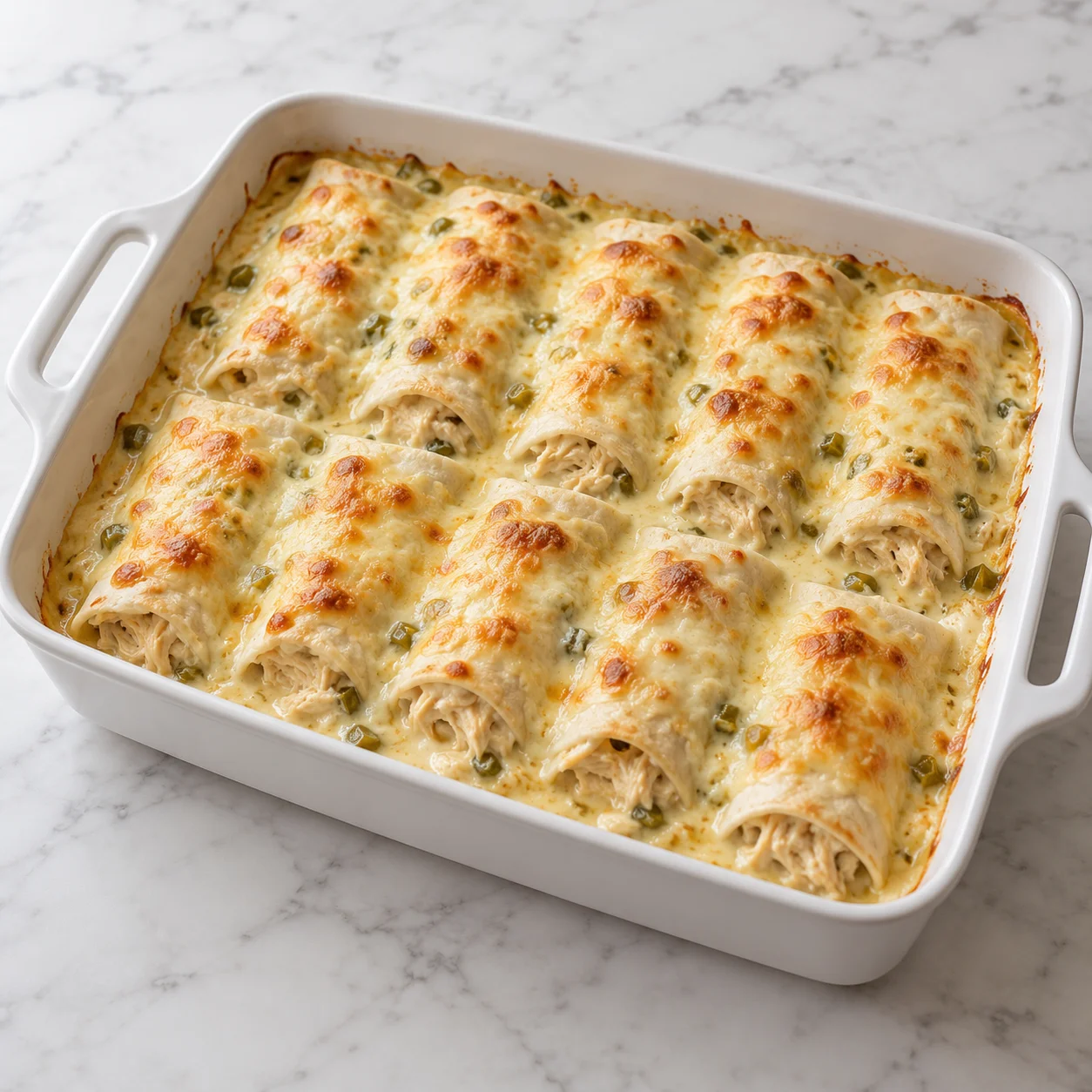 Creamy white chicken enchiladas with golden melted cheese in a white ceramic baking dish on bright white marble.