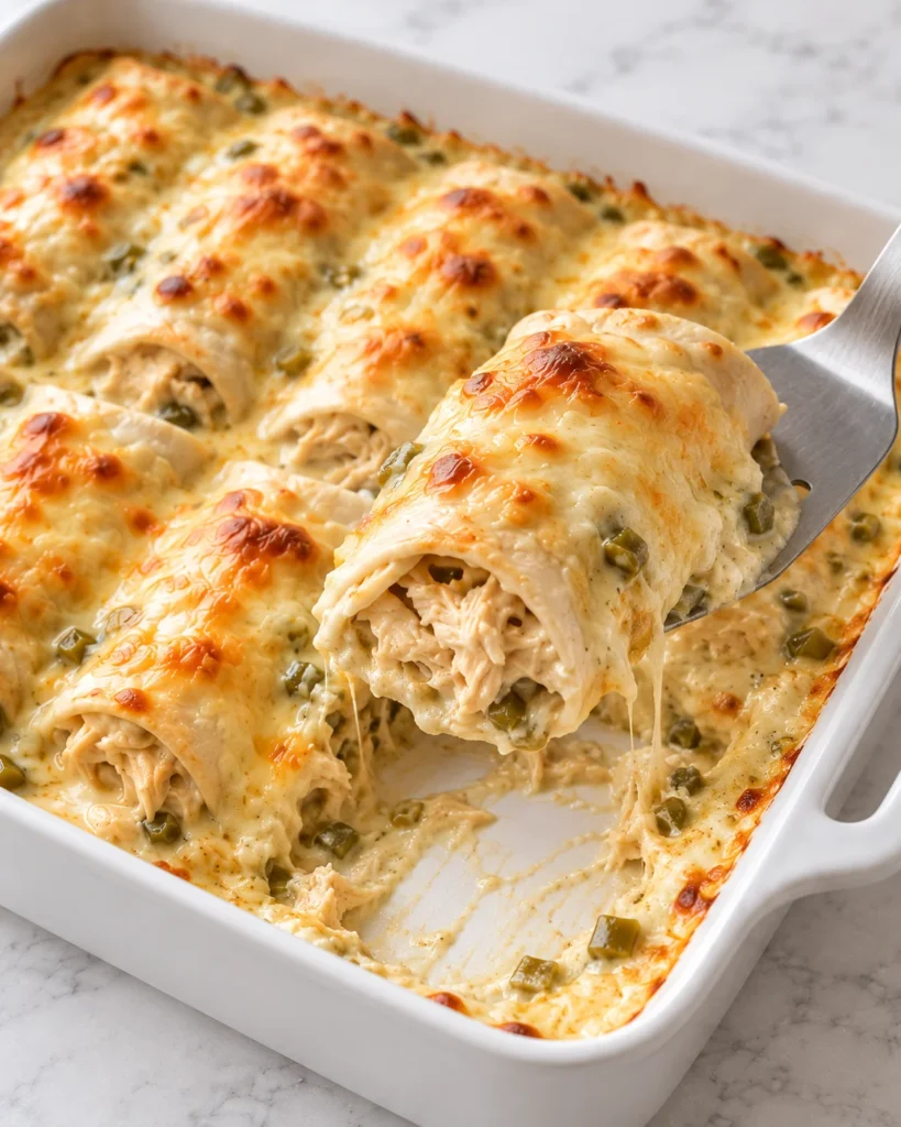 Spatula lifting a white chicken enchilada to reveal its creamy shredded filling, with a visible serving gap in the ceramic dish on white marble.