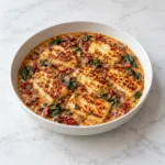Golden halloumi in creamy sun dried tomato sauce with spinach, served in a white ceramic bowl on white marble.