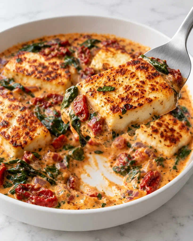 A spatula lifts browned halloumi coated in creamy tomato sauce above a white ceramic bowl on white marble, revealing a serving mark below