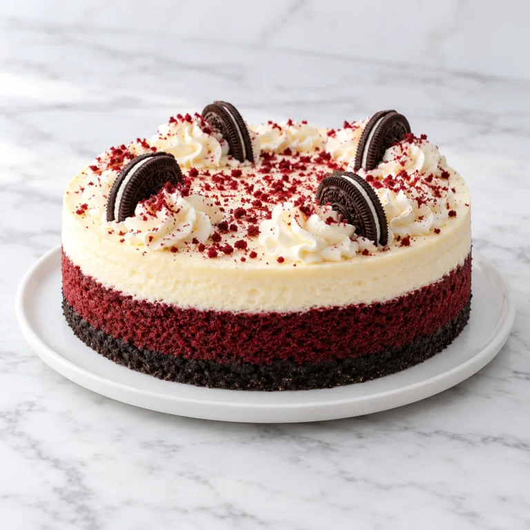 Red velvet Oreo cheesecake topped with whipped cream and cookies on a white ceramic platter on white marble