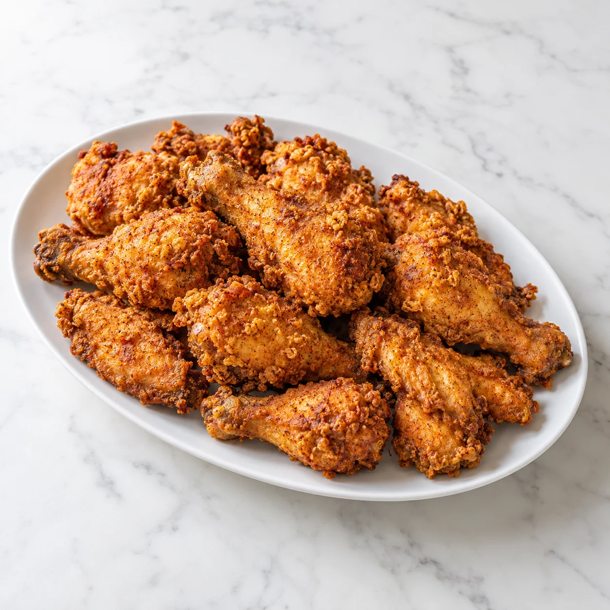 Golden Cajun fried chicken wings and drumsticks with a crispy seasoned crust on a white oval platter on white marble.