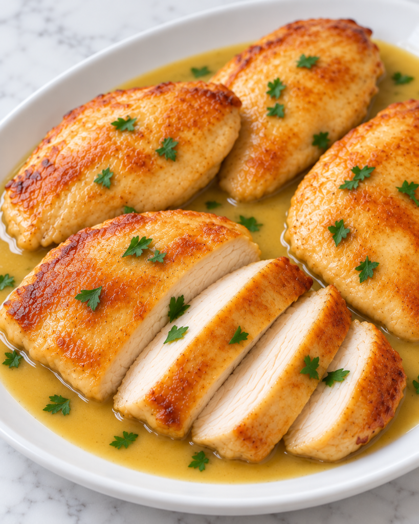 Close-up of sliced Chicken Christopher with a golden surface and tender white interior in garlic butter sauce on a white platter.