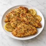 Golden, crispy lemon pepper chicken cutlets with browned lemon slices on a white ceramic plate on bright white marble.