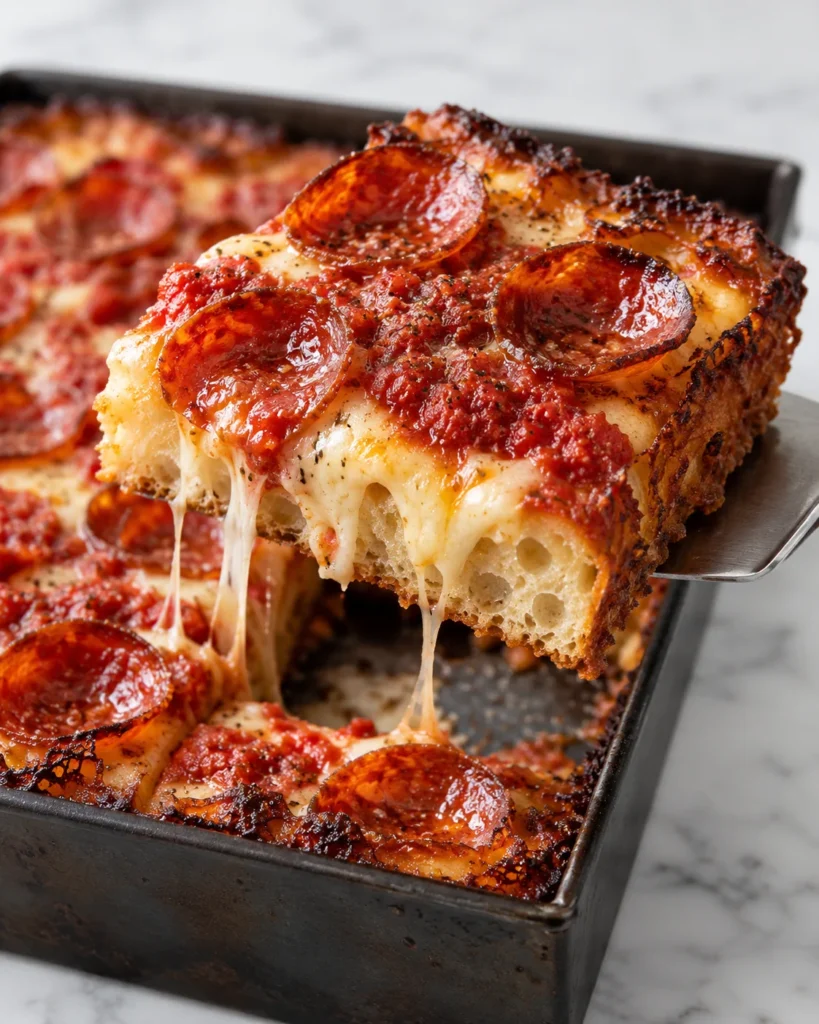 Close-up of a square slice of Detroit-style pepperoni pizza lifted from a dark metal pan on a spatula over white marble, showing airy thick crust, stretchy melted cheese, crispy pepperoni, tomato sauce, and caramelized edges.