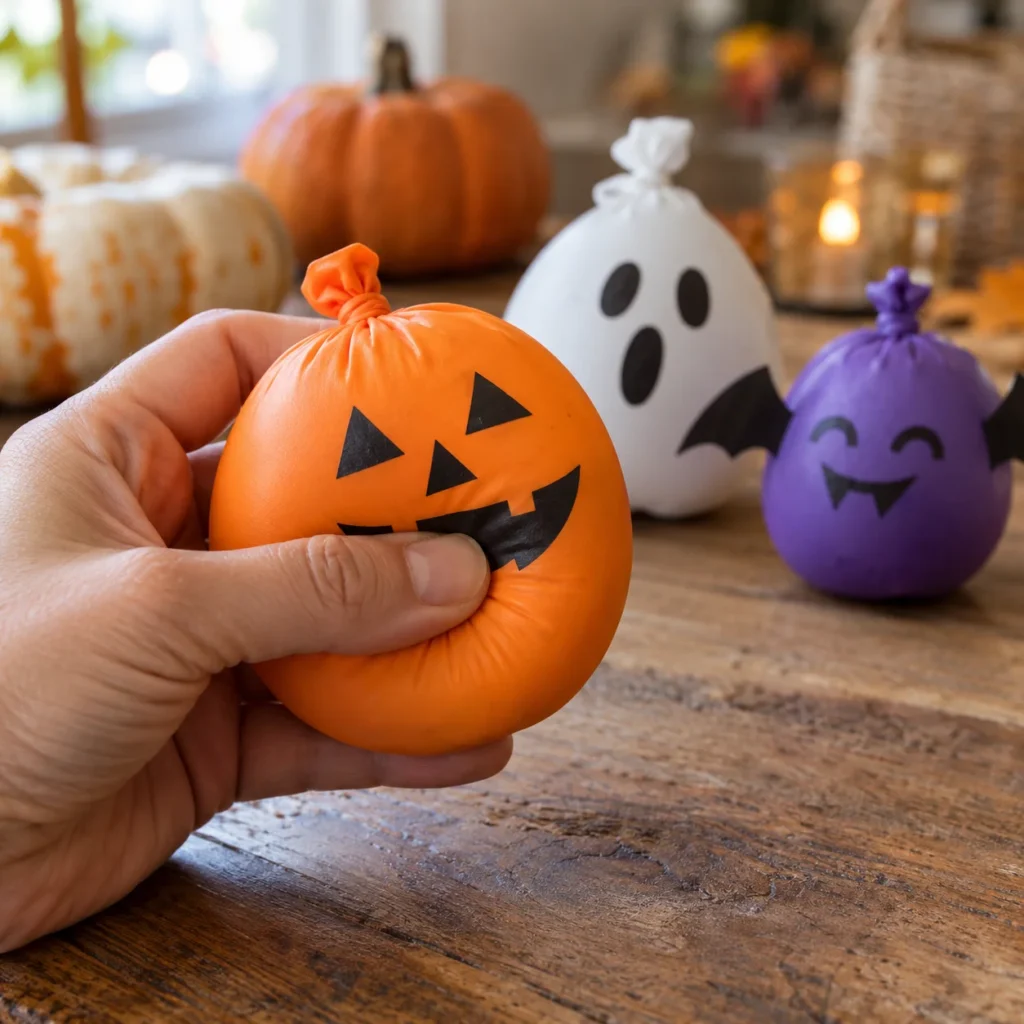 DIY Halloween balloon stress balls craft with flour, colorful balloons, and hand-drawn pumpkin, ghost, and bat faces.