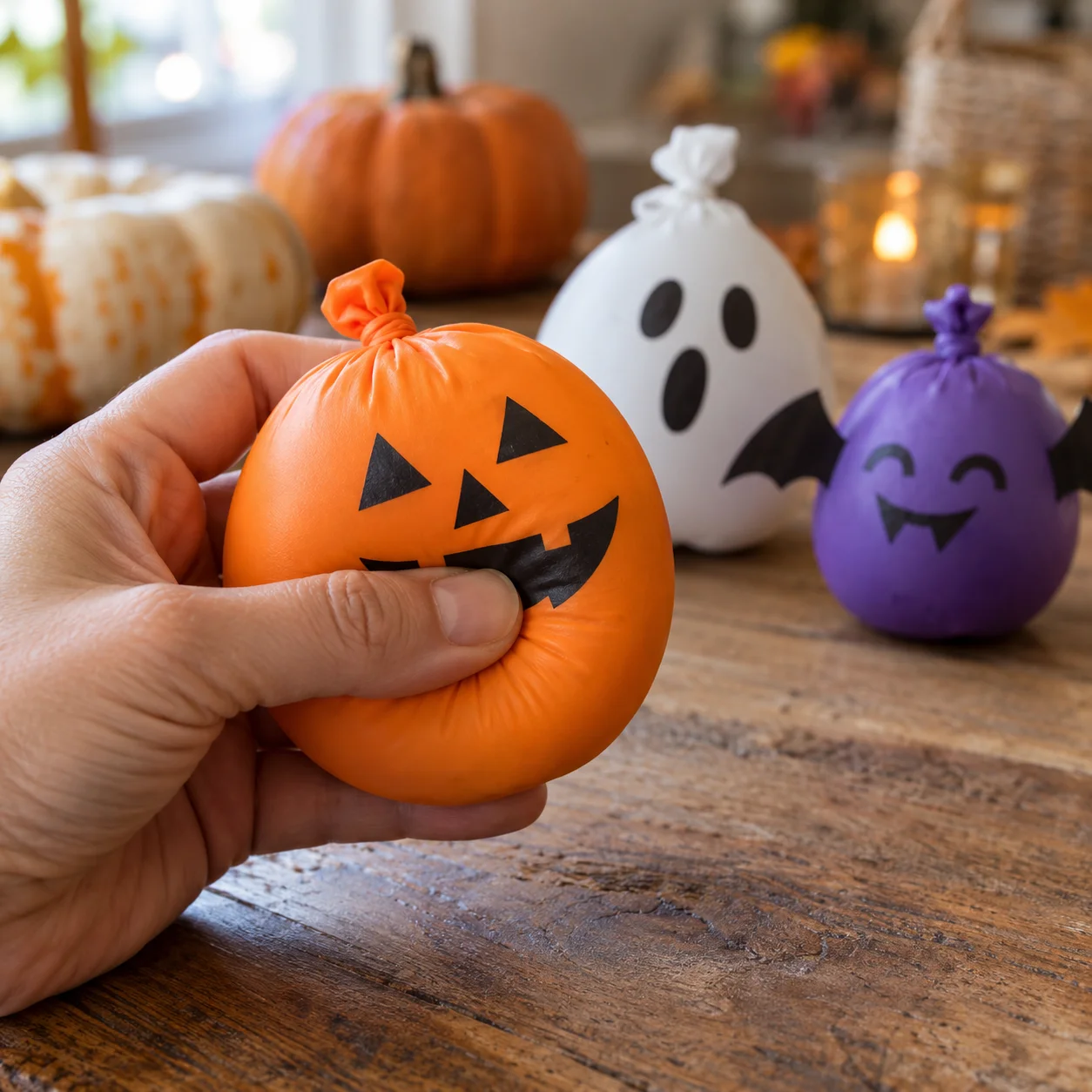 DIY Halloween balloon stress balls craft with flour, colorful balloons, and hand-drawn pumpkin, ghost, and bat faces.