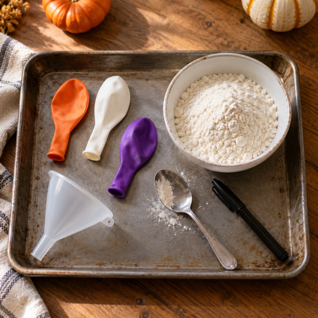 DIY Halloween balloon stress balls craft with flour, colorful balloons, and hand-drawn pumpkin, ghost, and bat faces.
