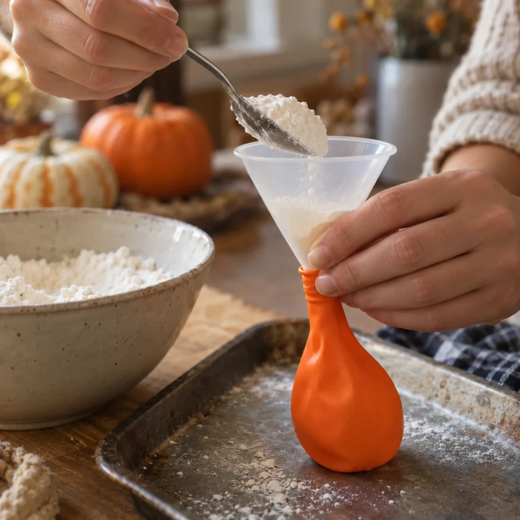 DIY Halloween balloon stress balls craft with flour, colorful balloons, and hand-drawn pumpkin, ghost, and bat faces.