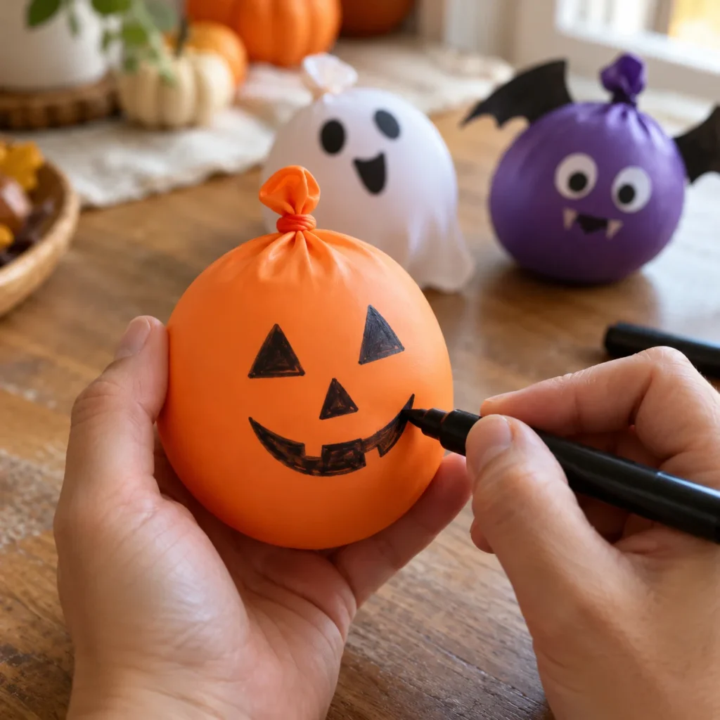 DIY Halloween balloon stress balls craft with flour, colorful balloons, and hand-drawn pumpkin, ghost, and bat faces.