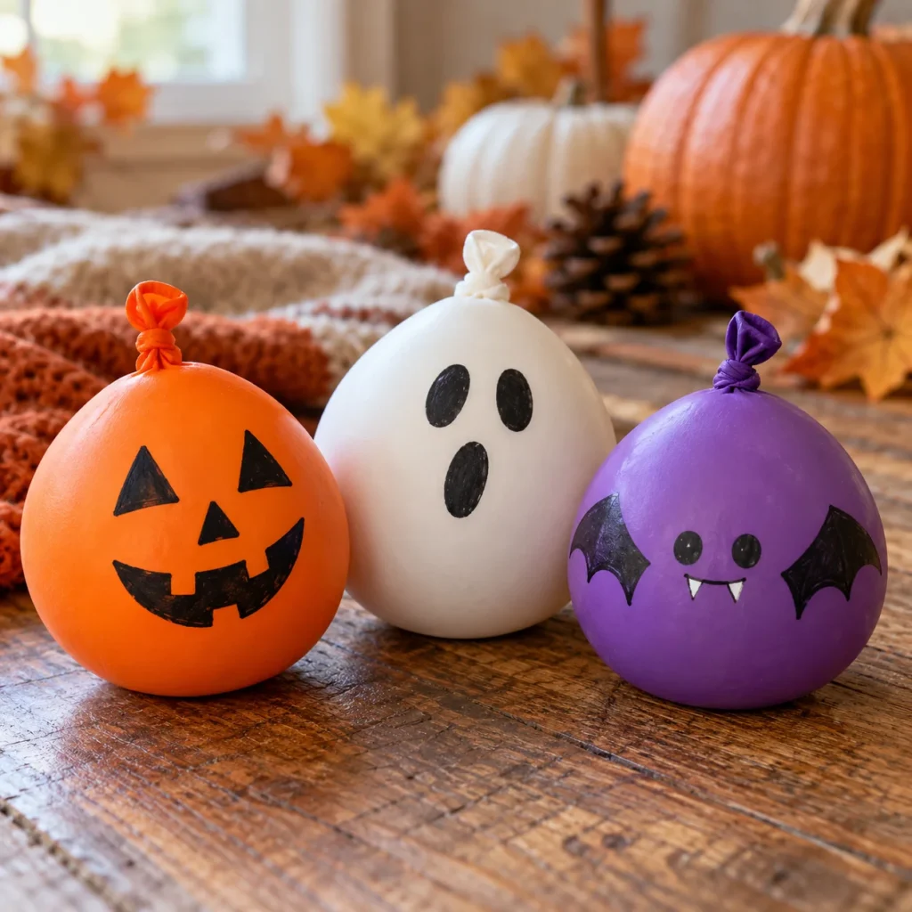 DIY Halloween balloon stress balls craft with flour, colorful balloons, and hand-drawn pumpkin, ghost, and bat faces.