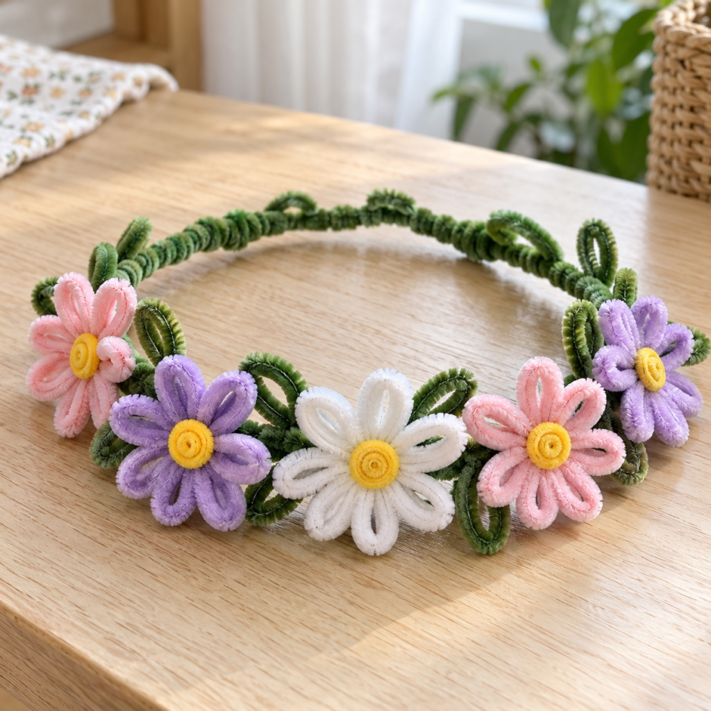 DIY pipe cleaner flower crown craft with pastel flowers, colorful supplies, and hands assembling the crown.