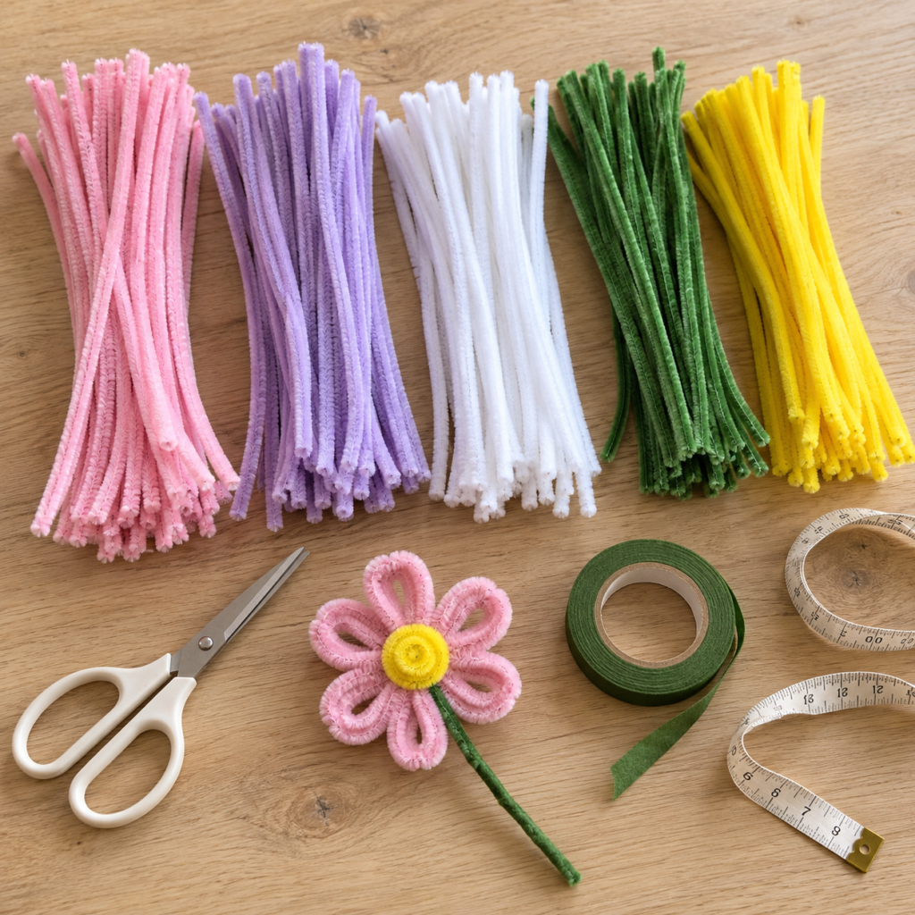 DIY pipe cleaner flower crown craft with pastel flowers, colorful supplies, and hands assembling the crown.